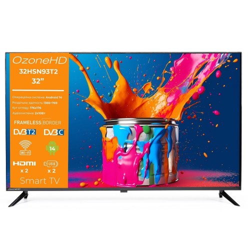 Телевизор безрамочный OzoneHD 32HSN93T2 Smart Android 14.0